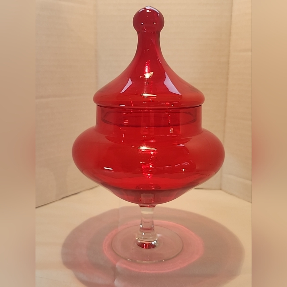 Vintage Empoli Apothecary Candy Jar Red Circus Tent Lid Handblown MCM 9.75”